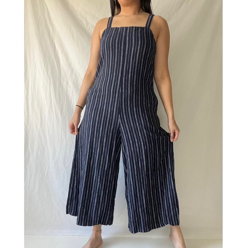 Uniqlo Linen Blend Striped Sleeveless Jumpsuit Size Small Navy White